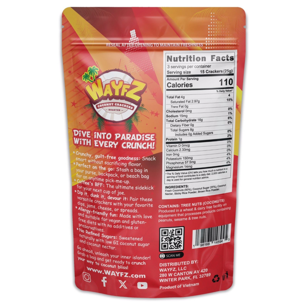 Wayfz Roasted Coconut Crackers | Vegan, Gluten Free Snack | 2.65oz (75g) | 5-Pack